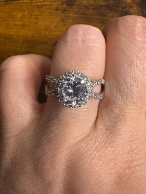 Sterling Silver Pavé Halo Split-Shank Ring with White CZ Center Stone - NVC